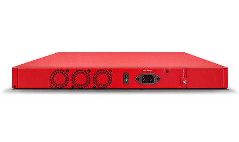 Back view of a red rackmount firewall, showcasing multiple vents and power connectors for secure data flow. Level Up Your Network Setup Today With This Rock Solid Rackmount Firewall Packing Killer Port Speeds And A Three Year Security Suite For Bulletproof Enterprise Protection.