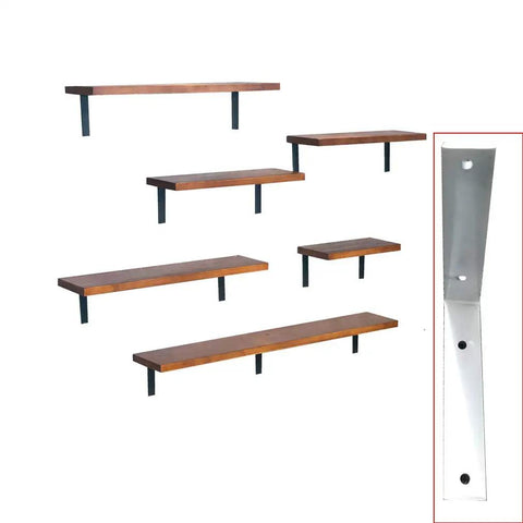 Set Of Two Heavy Duty L Corner Braces, Straight Up Solid Wall Mounted Floating Shelf Supports, Rugged Metal Triangle Hardware With No Sweat Screw Installation, Modern Space Savers Built Tough with wooden shelves and metal supports.