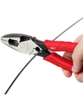 Using 9 Inch Leverage Lineman Pliers With Crimper And Pipe Reaming Head to cut wire, showcasing red rubberized grip handles