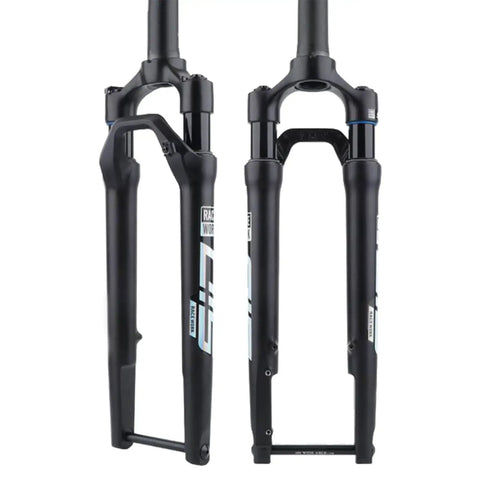 700c Suspension Fork For Road Bikes With Pneumatic Shock Absorption, side and front view, aluminum magnesium build, disc brake ready.