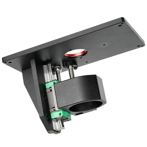 Solid Router Lift Kit For 65mm Motors With Plunge Base and Table Insert Plate showing height adjustment and CNC components.