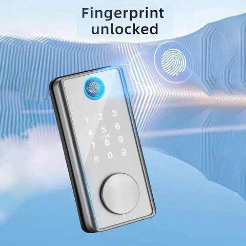 Premium Wireless Fingerprint Door Lock With Remote App Control And Cell Phone Backup Key, showing fingerprint unlock feature.