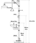 Technical diagram of Dual Spray Emergency Eye Wash And Shower Station For Labs And Factories, with measurements shown in cm and inches.