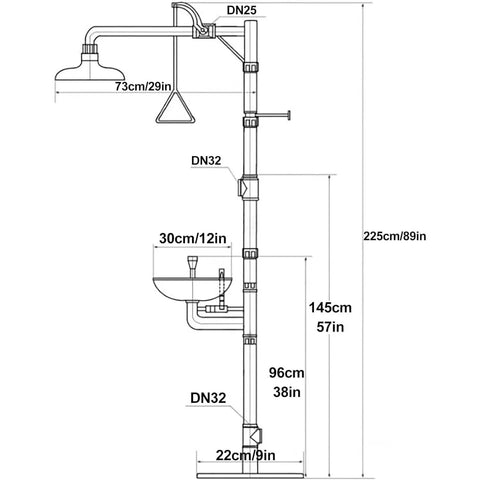 Technical diagram of Dual Spray Emergency Eye Wash And Shower Station For Labs And Factories, with measurements shown in cm and inches.