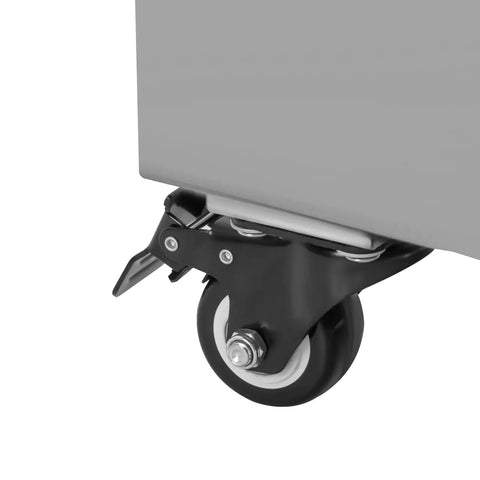 Pro Level Commercial Fryer Oil Filter Workhorse With Rolling Cart And Rugged Stainless Steel Tank Featuring A Solid 550W Motor close-up of the durable caster wheel.