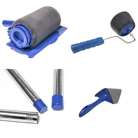 Top Shelf Paint Roller Brush Set With Slick Flocked Edger And No Mess Decorative Handle For Tight Corners and Pro Level Finishes Easy Peasy DIY Wall Decorating Kit showing painting tools including corner edger.