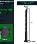 Heavy Duty Stainless Steel Lag Screws With Flat Washers 12 Pack One Quarter Inch By Four Inch Black Hex Head Wood Screws 304 Stainless 18 8 Corrosion Resistant With Black Oxide Coating For Decks Fences And Outdoor Projects showing dimensions.