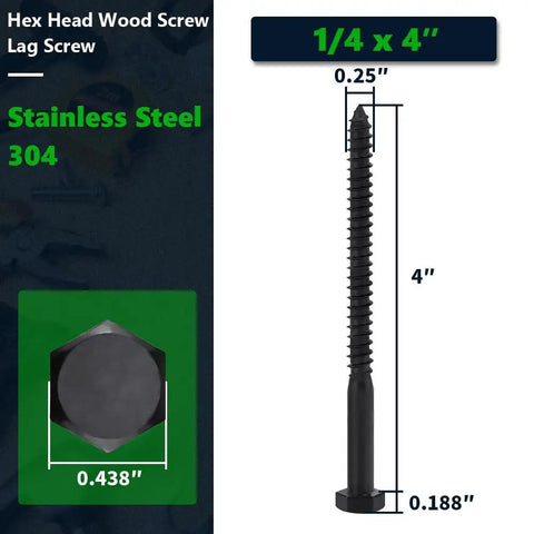 Heavy Duty Stainless Steel Lag Screws With Flat Washers 12 Pack One Quarter Inch By Four Inch Black Hex Head Wood Screws 304 Stainless 18 8 Corrosion Resistant With Black Oxide Coating For Decks Fences And Outdoor Projects showing dimensions.