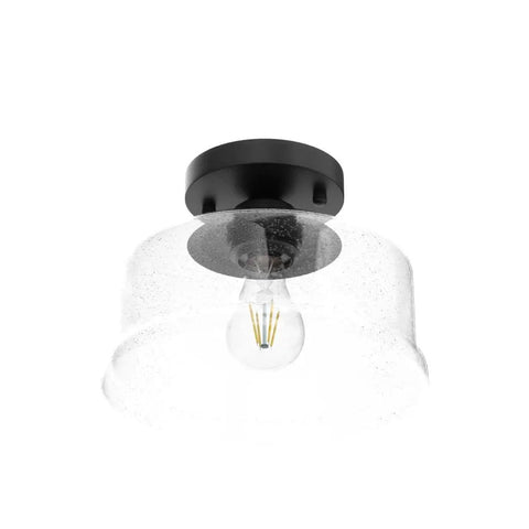 Semi Flush Mount Ceiling Light With Seeded Glass Shade In Black Finish Modern Farmhouse Style Fixture for hallways porches bedrooms kitchens and corridors a go to stylish lighting upgrade, 9.4-inch diameter