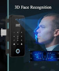 Slick Smart Fingerprint Door Lock And Password Code For Frameless Sliding Doors featuring 3D face recognition technology.