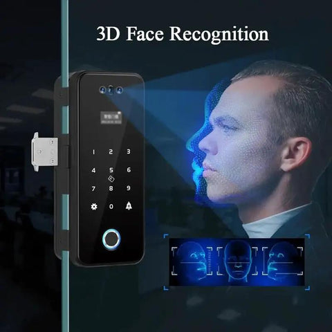 Slick Smart Fingerprint Door Lock And Password Code For Frameless Sliding Doors featuring 3D face recognition technology.