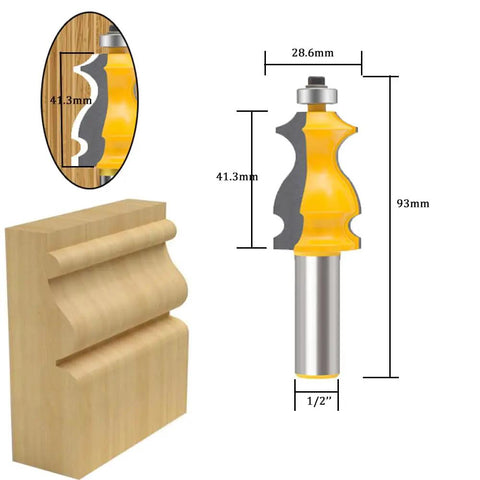 Workhorse One Half Inch Shank Router Bit Set, 10 Pc Woodworking Carbide Cutters with detailed dimensions and wood cutting profile