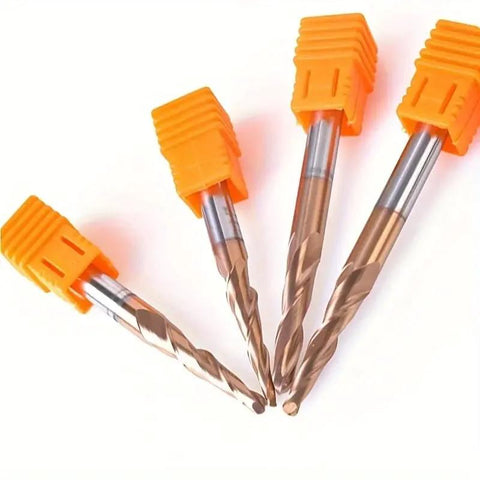 4-piece carbide milling cutter set with orange caps; ball-end dual-edge CNC engraving bits.