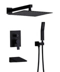 Shower Faucet Set, 12-Inch Rainfall Head, Handheld, Tub Spout, Matte Black with wall control and tub spout.