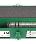 Open green storage box with Orange Slotted Shim Set A Two By Two Inches Stainless Steel Pack Of 260 Shims for precise spacing