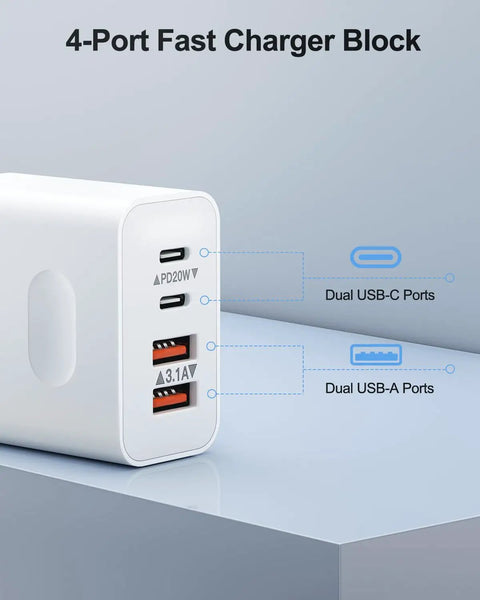 Two Pack 40W USB C Wall Charger All-in-One 4-Port Fast Charging Block With Dual USB C And USB A Ports Power Delivery 3.0 And Quick Charge Multiport Brick Wall Plug For IPhone 17 16 15 14 13 12 11 Pro Max Ipad Samsung, white