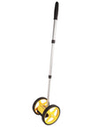 Double Wheel Measuring Wheel, Ergonomic Aluminum Tool for High Accuracy Distance Measurement Up to 9999m for Surveying and Construction, shown from the side.