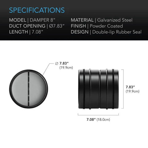 Specifications for 8 Inch Backdraft Damper For Ducts One Way Airflow With Spring Loaded Folding Blades Airtight Outer Gasket Seal.