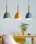 Modern Pendant Lights Kitchen Island, Solid Wood Hanging Lamp with Matte Black Metal Shade, Farmhouse Light Fixtures for Dining Room, Bedroom, Living(Blue,8.6in) with colorful shades.