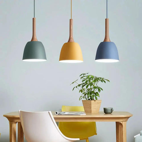 Modern Pendant Lights Kitchen Island, Solid Wood Hanging Lamp with Matte Black Metal Shade, Farmhouse Light Fixtures for Dining Room, Bedroom, Living(Blue,8.6in) with colorful shades.
