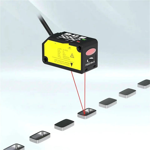 High Precision Laser Displacement Sensor With 200 Millimeter Range featuring laser beam targeting metal surfaces for accuracy.
