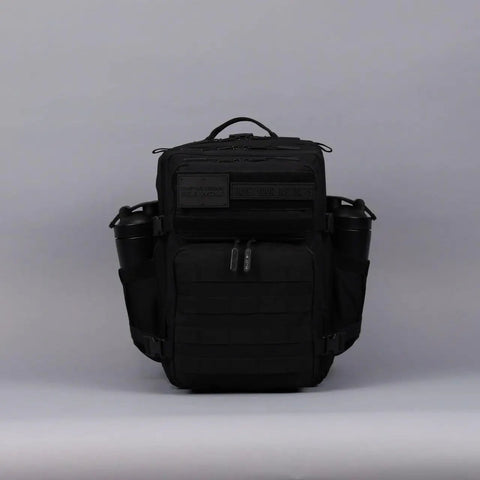 Front view of 25L Tactical Gym Backpack Nightshade Edition with 1000D Waterproof Oxford, MOLLE, laptop pocket, cup holders.