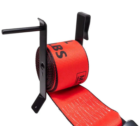 Flatbed Trailer Strap Handling Kit Strap Winder For 2 3 4 Inch Winch Straps with red strap on black steel winder