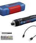 Versatile Cordless Electric Screwdriver With Seven Adjustable Torque Swings And Snappy Usb Type C Quick Charge Includes Eight Precision Hex Bits, set with charger and accessories.