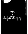 Dope Hang Glider Art Phone Case For iPhone 15 With Hang Gliding Design Great Gift For Men Women Teens And Youth Fans Of Flight And Sails Awesome Gift Idea For Hang Gliding Fans And Instructors Perfect For Birthday Or Any Occasion, showing black case with heartbeat and mountain design.