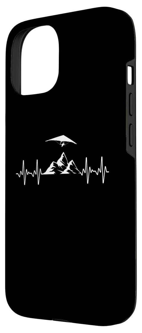Dope Hang Glider Art Phone Case For iPhone 15 With Hang Gliding Design Great Gift For Men Women Teens And Youth Fans Of Flight And Sails Awesome Gift Idea For Hang Gliding Fans And Instructors Perfect For Birthday Or Any Occasion, showing black case with heartbeat and mountain design.