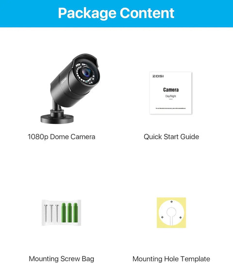 Package contents including Dope Crystal Clear 1080P 1920TVL Outdoor Indoor Security Camera Bullet 4 In 1 TVI CVI AHD CVBS Hybrid