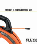 Non Conductive Fiberglass Fish Tape With Multi Groove Design For Smoother Wire Pulling No Fuss 50 Foot Length Three Sixteenth Inch Width Optimized Housing And Handle For Less Friction And Payout visible with strong S-glass construction label