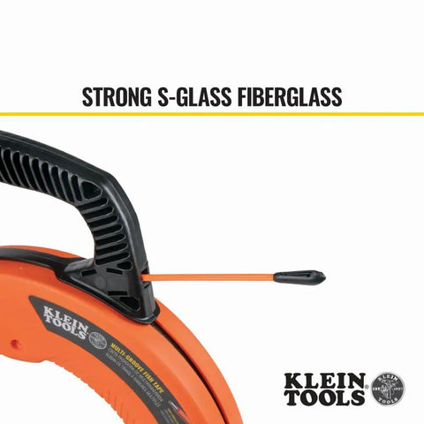 Non Conductive Fiberglass Fish Tape With Multi Groove Design For Smoother Wire Pulling No Fuss 50 Foot Length Three Sixteenth Inch Width Optimized Housing And Handle For Less Friction And Payout visible with strong S-glass construction label
