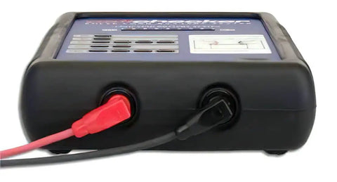 Lead Acid Battery Tester Pulse Load 8 LED Display Easy 15 Second Check For 2V To 12V Batteries Up To 200Ah States Of Charge And Battery Health Auto Shut Off front view with red and black test leads