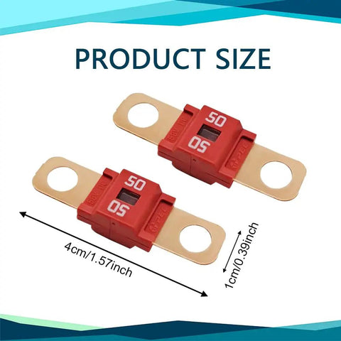 Heavy Duty AMI Midi Fuses 3 Pack 50 Amp Bolt On High Current Blade with 50A rating, showing size dimensions of 4cm x 1cm.
