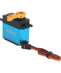 Hella Tight 25Kg Digital Metal Gear Servo Delivering Nasty Torque And Lightning Fast Coreless Response Perfect For 1/10 Scale RC Crawlers Trucks And Robotic DIY side view showing blue case and orange horn.