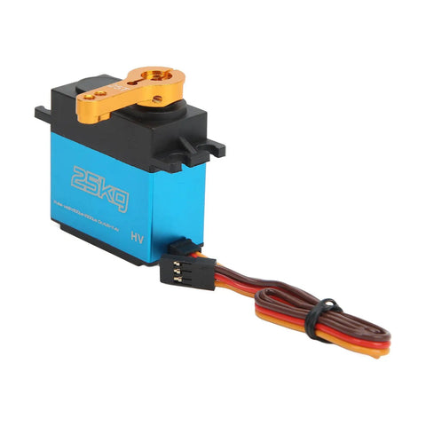 Hella Tight 25Kg Digital Metal Gear Servo Delivering Nasty Torque And Lightning Fast Coreless Response Perfect For 1/10 Scale RC Crawlers Trucks And Robotic DIY side view showing blue case and orange horn.