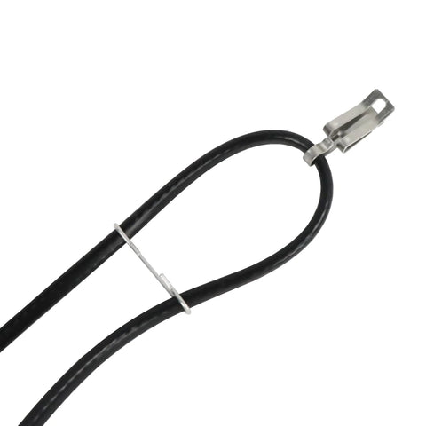 Close-up of heat tape clip with metal hook on black insulated heating cable loop