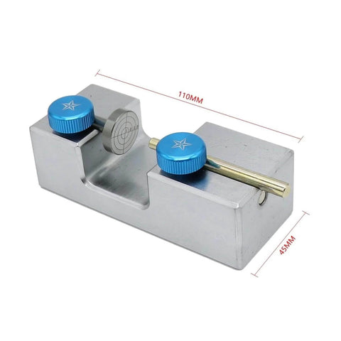 Pro Grade Precision Gemstone Bonding Converter Stick Transfer Jig for Faceting with blue knobs, 110mm x 45mm size.
