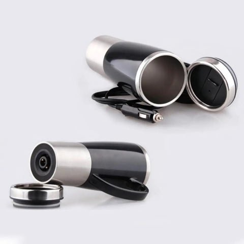 Heavy Duty Stainless Steel Car Kettle 50 Watt Portable Water Heater With Cigarette Lighter Plug For Swift Boiling Road Trip Coffee Mug and Beverage Setup, showing sleek black design and power cord.