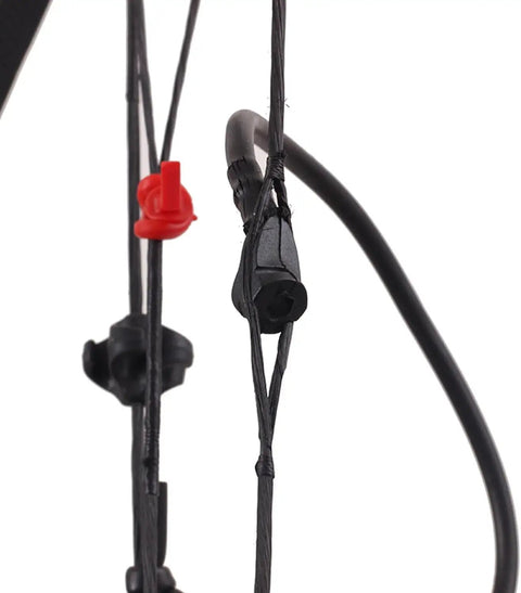 Close-up of Lightweight Rubber Peephole Tube Replacement For Compound Bow String Systems attached to bow string.