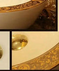 Close-up of USZWBY Bathroom Vessel Sink, Basin Sink Golden Edge Artistic Porcelain with intricate gold trim designs.