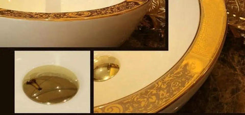 Close-up of USZWBY Bathroom Vessel Sink, Basin Sink Golden Edge Artistic Porcelain with intricate gold trim designs.