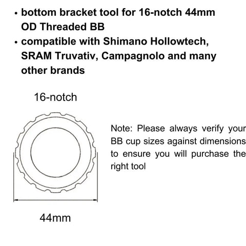 Diagram of 44mm OD 16-Notch Threaded Bottom Bracket Tool For Shimano Hollowtech SRAM Truvativ Campagnolo And More BB Cup Remover