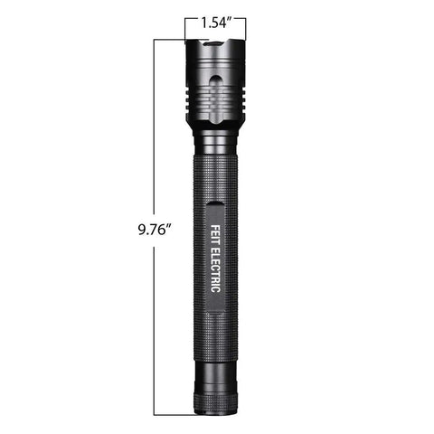Tactical LED Flashlight With Aluminum Alloy Body, Zoomable Beam, dimensions marked 9.76 inches tall and 1.54 inches wide.