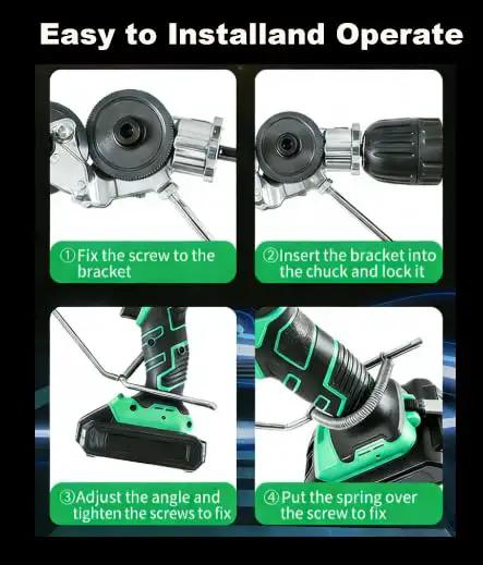 Drill Nibbler Sheet Metal Cutter Attachment installation guide for fast burr-free cuts showing four steps to attach to a drill.