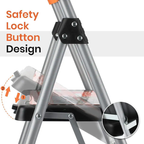 Close-up of safety lock button on 2 Step Folding Step Stool Ladder With 330Lb Heavy Duty Steel Frame, Anti Slip Wide Pedals And Cushioned Handgrip.