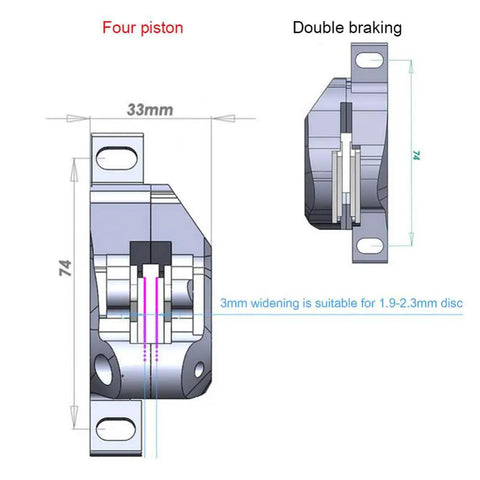 Diagram of Four-Piston Hydraulic Disc Brake Kit For Mountain Bikes with measurements and details of 3mm widening.