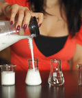 Lab Style Cocktail Shaker Set With Borosilicate Beakers And Flasks Kiln Fired Enamel Gradations Includes 2 Beakers And 2 Flask Shot Glasses Strain Or Pour With Science Flair Vintage Manual Included with woman pouring