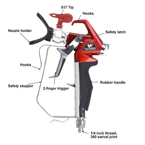 Heavy Duty Airless Paint Spray Gun With 517 Tip And 4000 Psi, chrome steel frame, rubber handle, detailed features view.